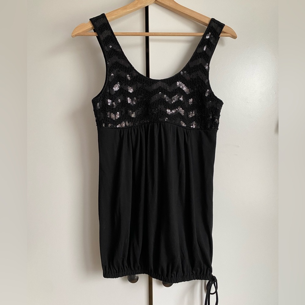 Black sequin and crochet babydoll top